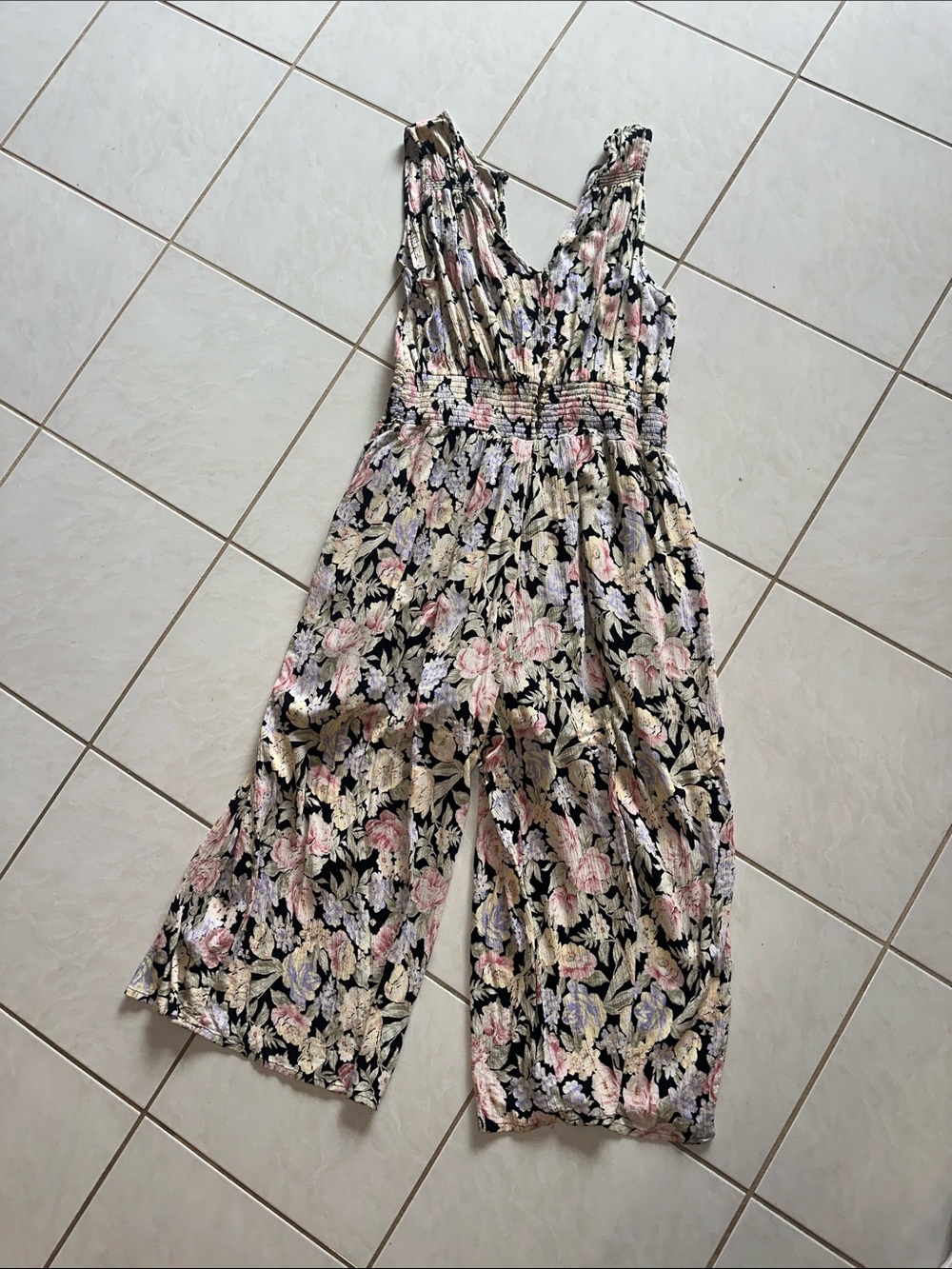 Floral Smocked Waist Wide-Leg Jumpsuit - Black with Pink Floral